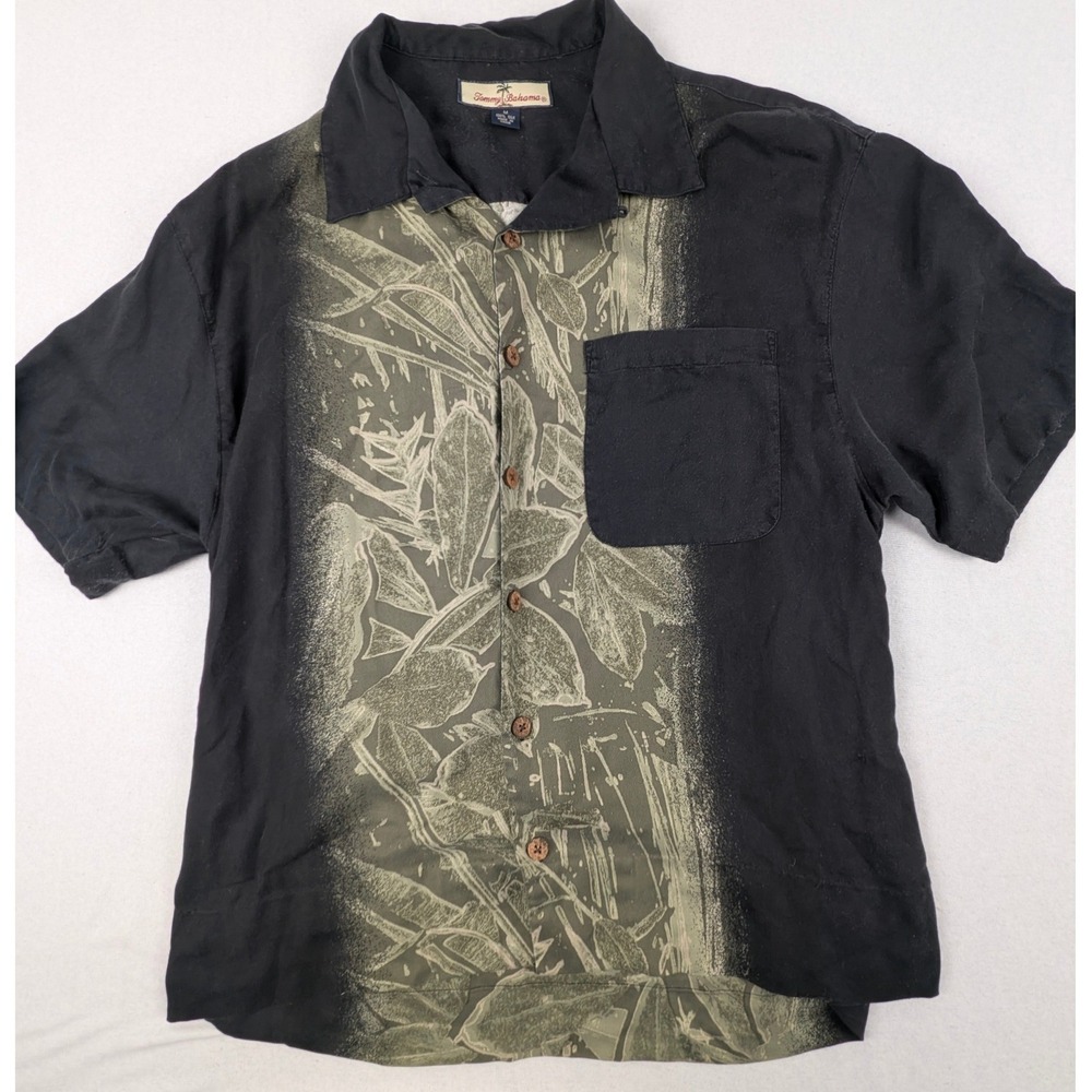 Tommy Bahama Mens Silk Short Sleeve Button Down Shirt Black Green Leaf Print M